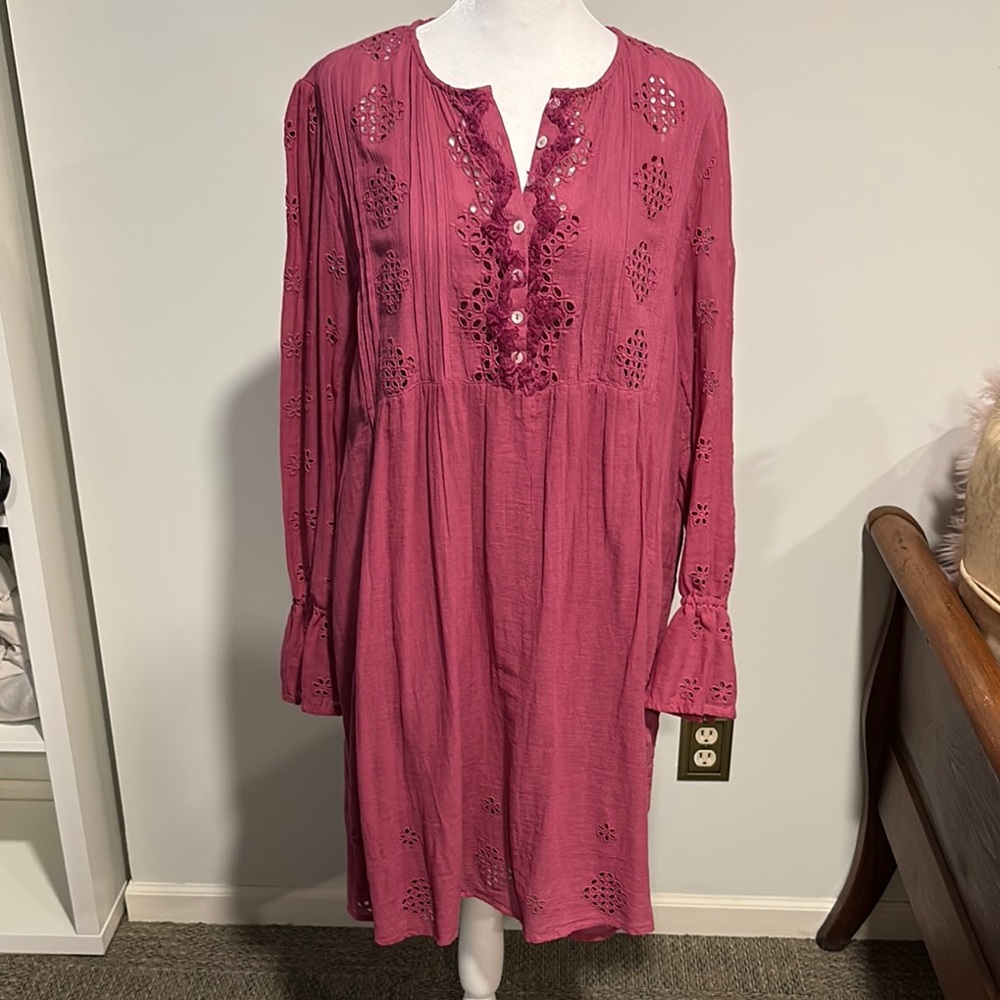 Sundance Pink Embroidered Long Sleeve Dress Sz L